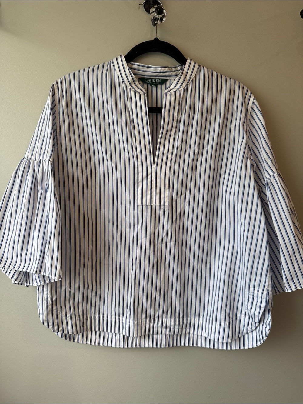Lauren Ralph Lauren White and Blue Striped Popover Blouse
